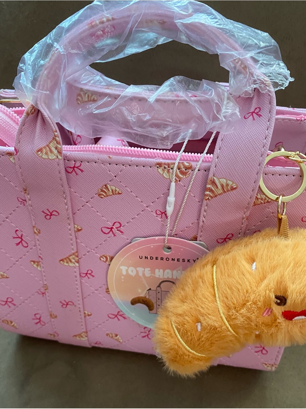 Under One Sky Pink Croissant Print Kids Tote with Plush Charm